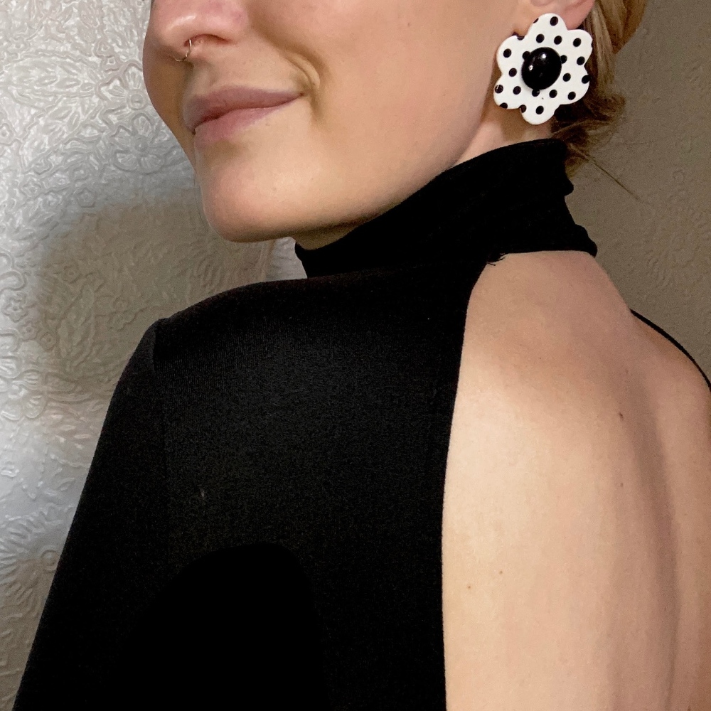 black // white polka dotted flower studs